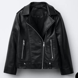 Zara Black Faux Leather Moto Jacket Lapel Collar Zip Front Juniors 13/14 = SP